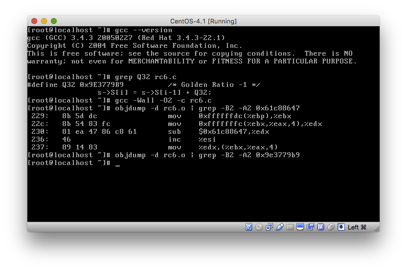 Output of compiling rc6.c on CentOS