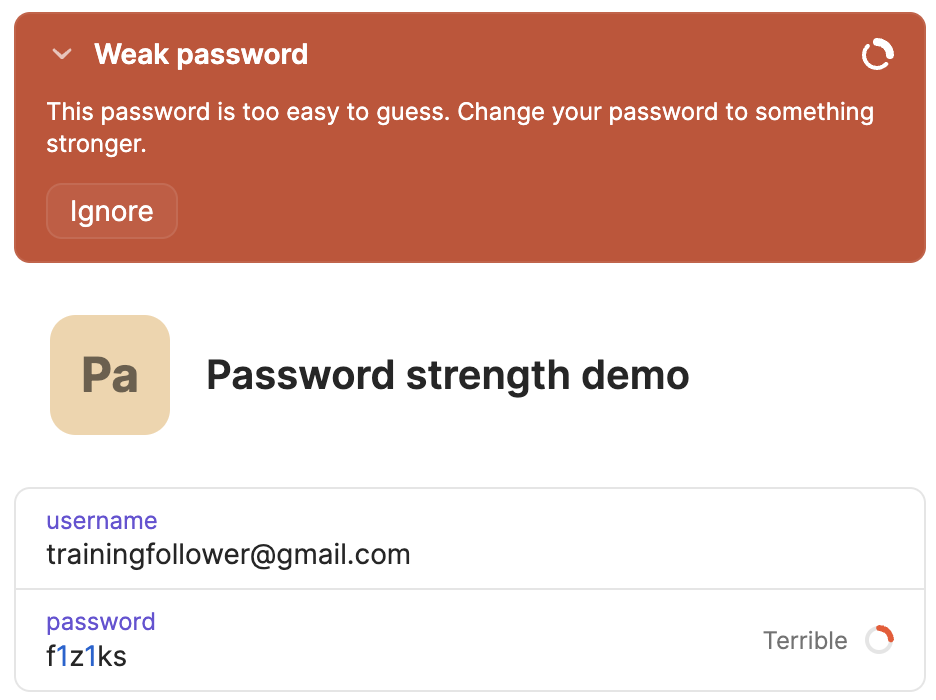 Screenshot of 1Password showing that 'f1z1ks' is a terrible password